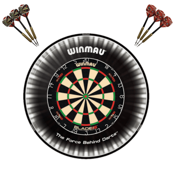 Winmau Blade 6 DUAL CORE Dart Board + Plasma Light + Black Surround + Darts