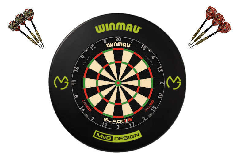 Winmau Blade 6 TRIPLE CORE Dart Board + MVG Dartboard Surround + Darts 1 Winmau Blade 6 TRIPLE CORE Dart Board + MVG Dartboard Surround + Darts