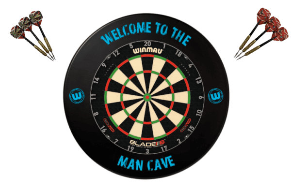 Winmau Blade 6 TRIPLE CORE Dart Board + Man Cave Dartboard Surround + Darts