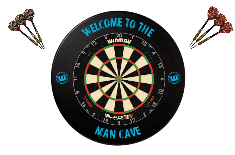 Winmau Blade 6 TRIPLE CORE Dart Board + Man Cave Dartboard Surround + Darts