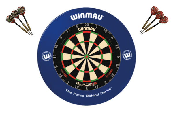 Winmau Blade 6 TRIPLE CORE Dart Board + Blue Printed Dartboard Surround + Darts
