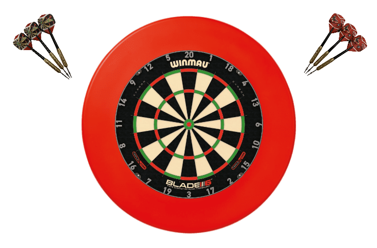 Winmau Blade 6 TRIPLE CORE Dart Board + Red Dartboard Surround + Darts