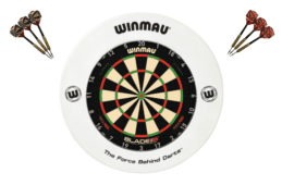 Winmau Blade 6 TRIPLE CORE Dart Board + White Printed Dartboard Surround + Darts