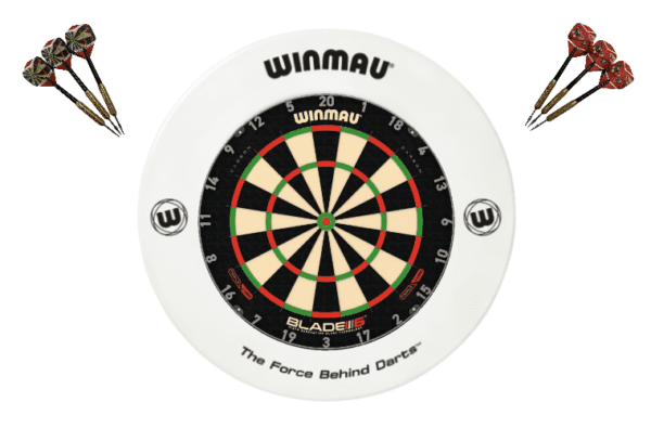 Winmau Blade 6 TRIPLE CORE Dart Board + White Printed Dartboard Surround + Darts