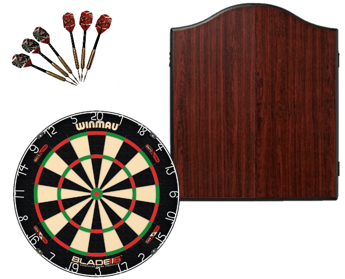Winmau Blade 6 DUAL CORE Dart Board + Winmau Rosewood Cabinet + Darts Set