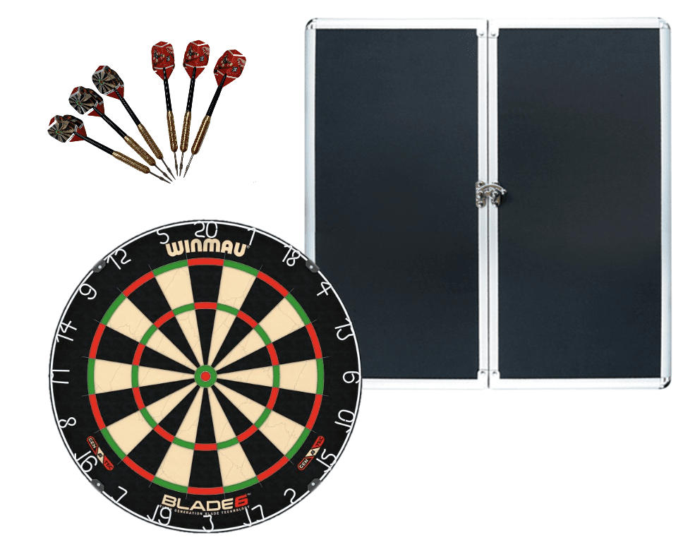 Winmau Blade 6 Dart Board + Aluminium Dartboard Cabinet + Darts Set 1 Winmau Blade 6 Dart Board + Aluminium Dartboard Cabinet + Darts Set