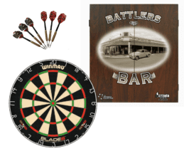 Winmau Blade 6 Dart Board + Battlers Bar Pub Car Dartboard Cabinet + Darts Set
