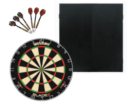 Winmau Blade 6 Dart Board + Black Ash Dartboard Cabinet + Darts Set