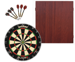 Winmau Blade 6 Dart Board + Mahogany Dartboard Cabinet + Darts Set