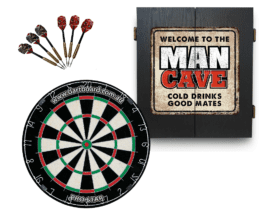Pro Star Dart Board + Welcome to the Man Cave Dartboard Cabinet + Darts