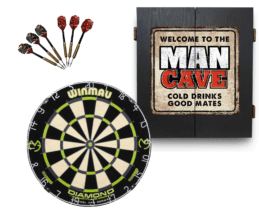 Winmau MVG Diamond Plus Dart Board + Welcome to the Man Cave Dartboard Cabinet + Darts