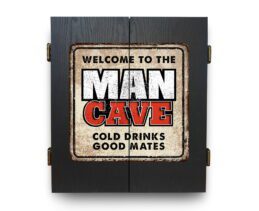 Welcome to the Man Cave Dart Board Cabinet Cold Drinks Good Mates