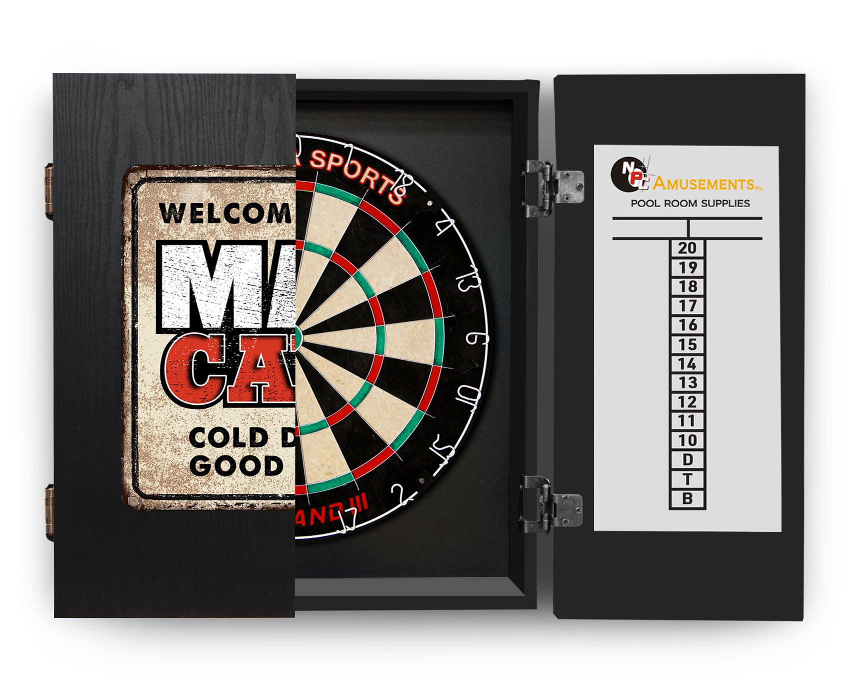 Micro-Band 3 Dart Board + Welcome to the Man Cave Dartboard Cabinet + Darts 1 Mancave_601100 Micro-Band III Dartboard