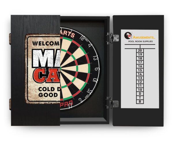 Tex Pro Dart Board + Welcome to the Man Cave Dartboard Cabinet + Darts