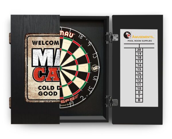 Winmau PRO SFB Dart Board + Welcome to the Man Cave Dartboard Cabinet + Darts