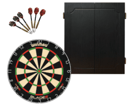 Winmau Blade 6 Dart Board + Quantum Black Dartboard Cabinet + Darts Set
