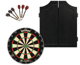 Winmau Blade 6 Dart Board + Black Solid Wood Dartboard Cabinet + Darts Set