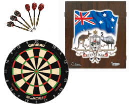 Winmau Blade 6 TRIPLE CORE Dart Board + Sports Bar Cabinet + Darts Set