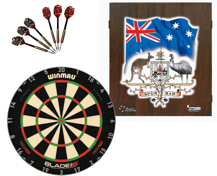 Winmau Blade 6 TRIPLE CORE Dart Board + Sports Bar Cabinet + Darts Set