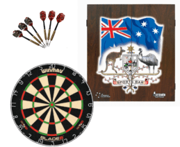 Winmau Blade 6 Dart Board + Sports Bar Coat of Arms Dartboard Cabinet + Darts Set