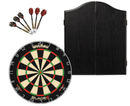 Winmau Blade 6 Dart Board + Winmau Black Dartboard Cabinet + Darts Set