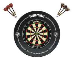Winmau Blade 6 Dart Board + Black Printed Dartboard Surround + Darts Set