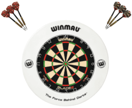 Winmau Blade 6 Dart Board + White Printed Dartboard Surround + Darts Set