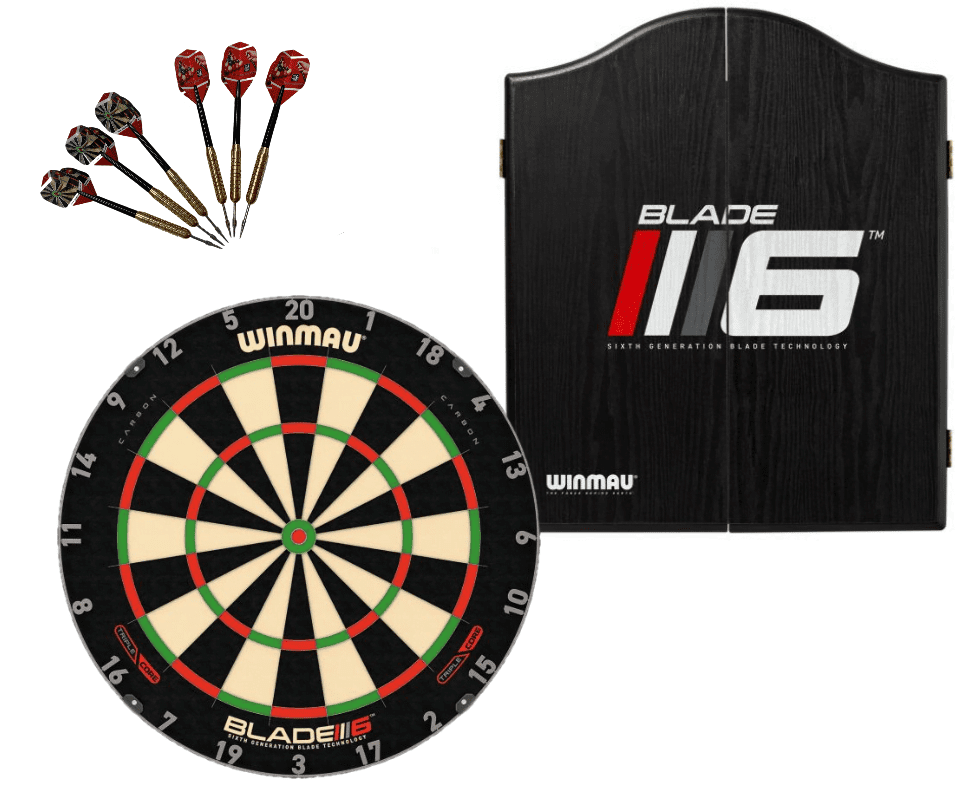 Winmau Blade 6 TRIPLE CORE Dart Board + Blade 6 Cabinet + Darts Set