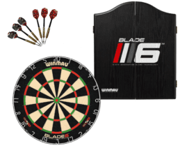 Winmau Blade 6 Dart Board + Blade 6 Dartboard Cabinet + Darts Set