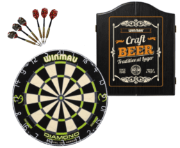 Winmau MVG Diamond Plus Dart Board + Winmau Craft Beer Cabinet + Darts