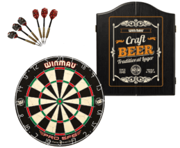 WINMAU PRO SFB Bristle Dart Board + Winmau Craft Beer Cabinet + Darts Set
