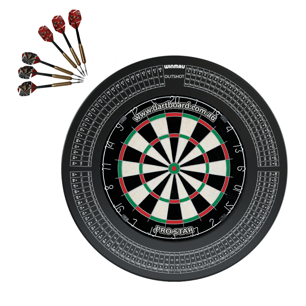 Genuine Bristle PRO STAR Dart board + Winmau OUTSHOT Surround + Darts 1 Genuine Bristle PRO STAR Dart board + Winmau OUTSHOT Surround + Darts