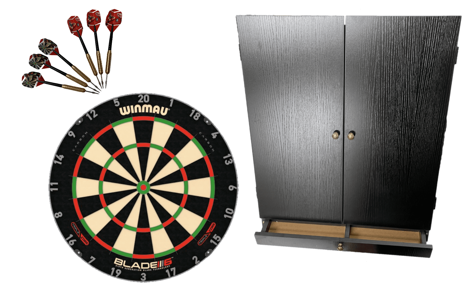 Winmau Blade 6 TRIPLE CORE Dart Board and Tex Darts Black Cabinet with Storage Drawer 1 Winmau Blade 6 TRIPLE CORE Dart Board and Tex Darts Black Cabinet with Storage Drawer