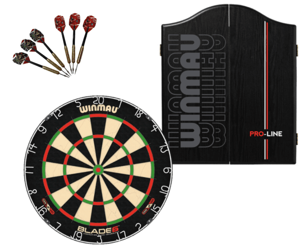 Winmau Blade 6 Dart Board + Pro Line Dartboard Cabinet + Darts Set