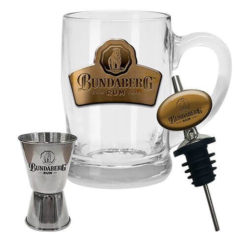 Bundy Bundaberg Rum Glass Drink Stein, Double Bar Jigger & Spirit Pourer Gift Pack 1 Bundy Bundaberg Rum Glass Drink Stein, Double Bar Jigger & Spirit Pourer Gift Pack