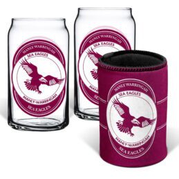 Manly Warringah Sea Eagles NRL Set of 2 Can Shaped Glasses and Can Cooler Gift Set