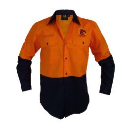 Brisbane Broncos NRL Hi Vis Button up Work Shirt Long Sleeve Orange