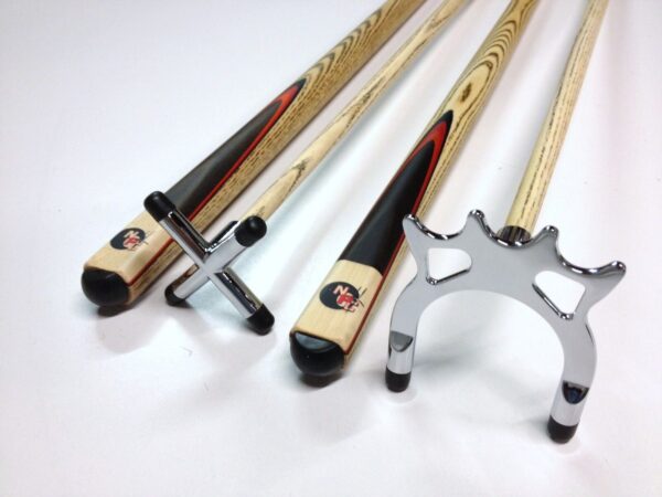 FULL ASH With Red Wood Flame Pool Cue REST Set 2 x Cues, 1 x Chrome Rest, 1 x Chrome Spider - Image 2