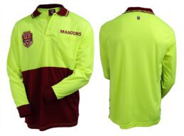State Of Origin QLD Maroons NRL Long Sleeve Polo Work Shirt Yellow/Maroon