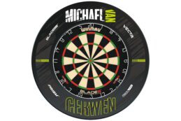 Winmau Blade 6 Dart Board + MVG Retro Dartboard Surround + Darts Set