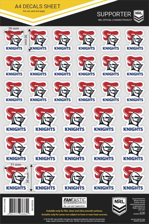 Newcastle Knights NRL A4 Decal Sticker Sheet