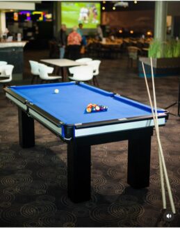 NPC Pool Table 7ft Classic Black with Satin Brackets Stainless Trim Royal Blue Felt