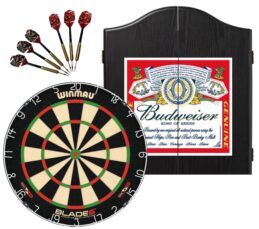 Winmau Blade 6 Dart Board + Budweiser Beer Dartboard Cabinet + Darts Set