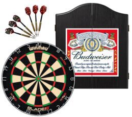 Winmau Blade 6 DUAL CORE Dart Board + Winmau Budweiser Beer Cabinet + Darts