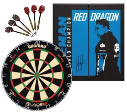 Winmau Blade 6 DUAL CORE Dart Board + Red Dragon Gerwyn Price Cabinet + Darts