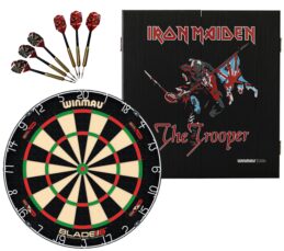 Winmau Blade 6 DUAL CORE Dart Board + Iron Maiden The Trooper Cabinet + Darts