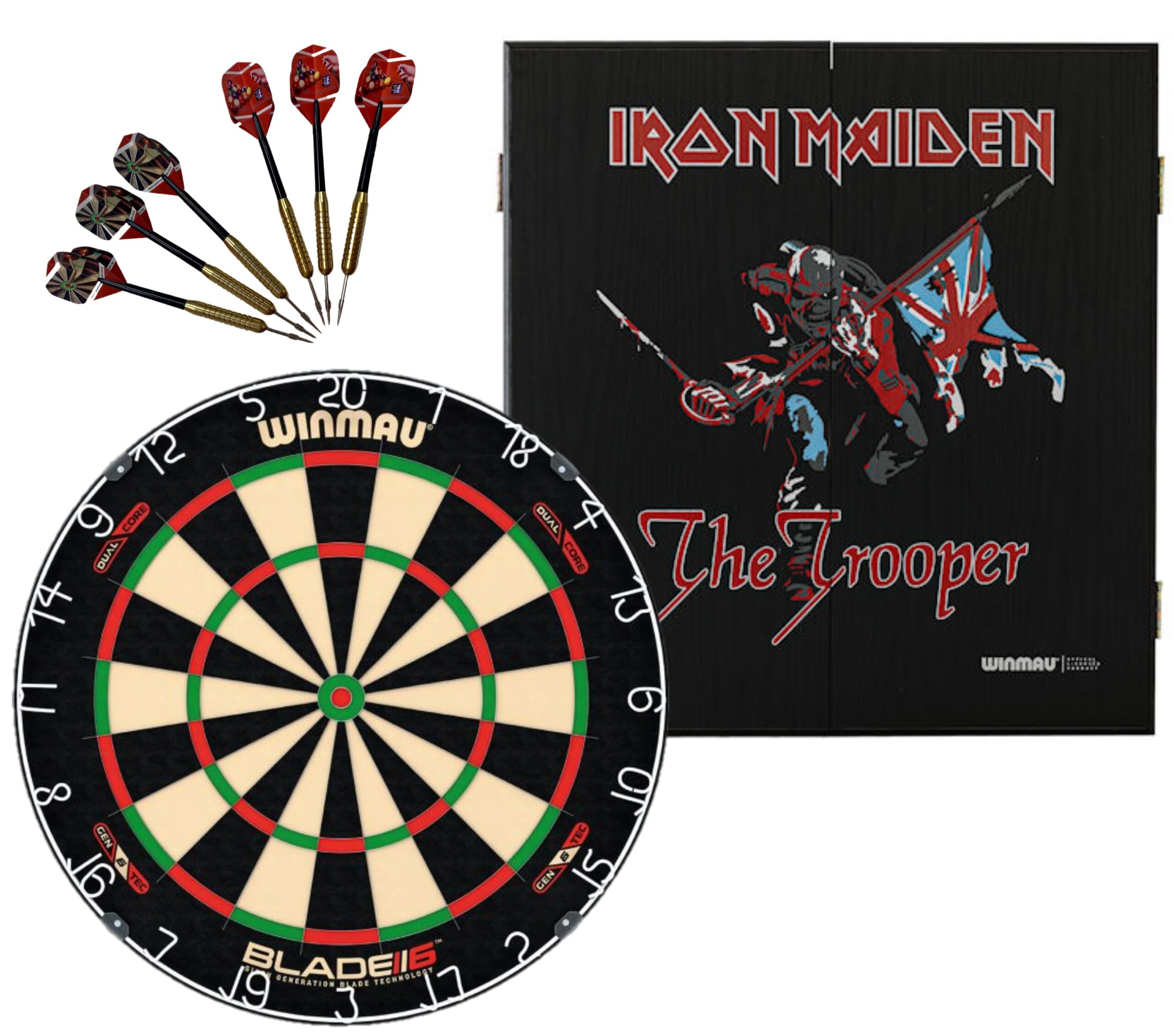 Winmau Blade 6 DUAL CORE Dart Board + Iron Maiden The Trooper Cabinet + Darts 1 Winmau Blade 6 DUAL CORE Dart Board + Iron Maiden The Trooper Cabinet + Darts