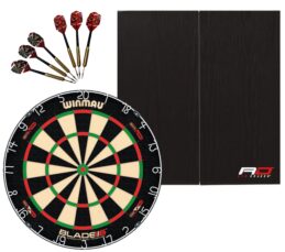 Winmau Blade 6 DUAL CORE Dart Board + Red Dragon Black Cabinet + Darts