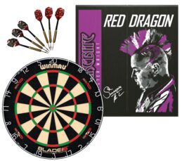 Winmau Blade 6 DUAL CORE Dart Board + Red Dragon Peter Wright Snakebite Cabinet + Darts