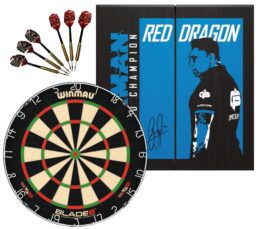 Winmau Blade 6 Dart Board + Red Dragon Gerwyn Price Dartboard Cabinet + Darts Set